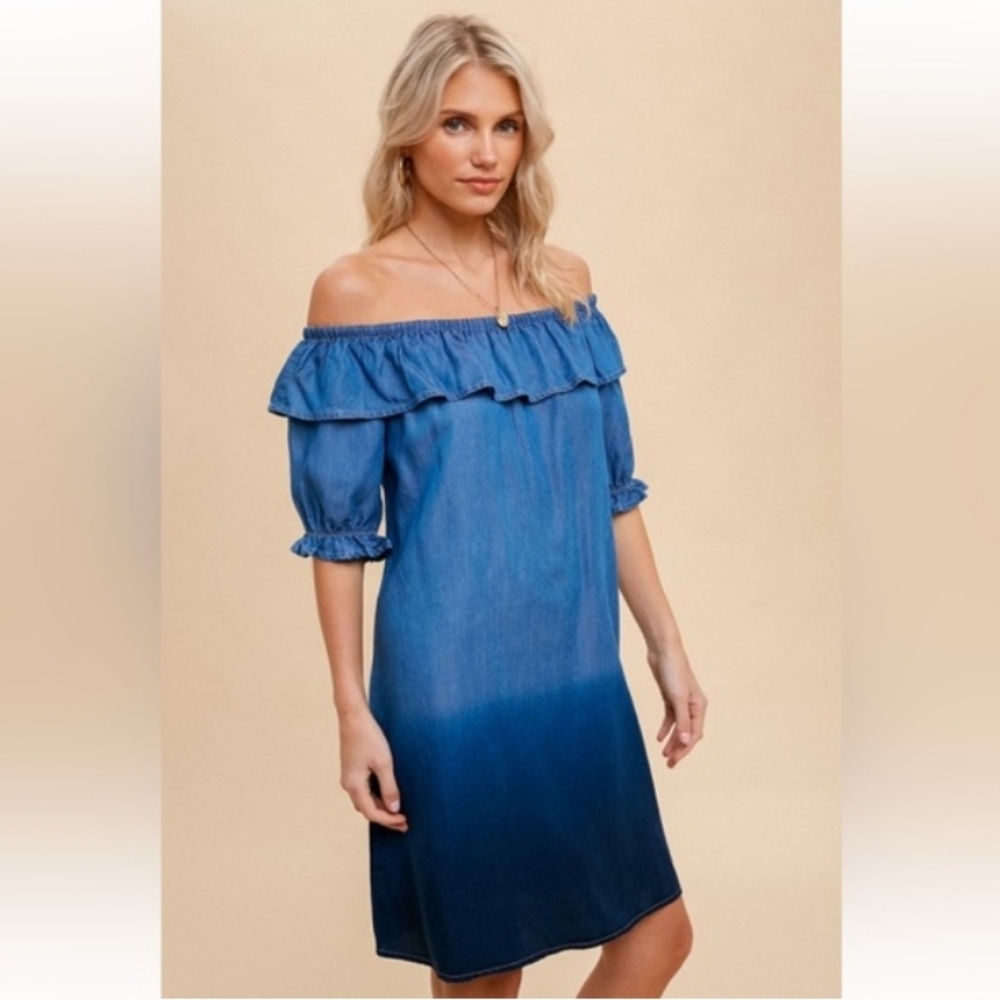Hem & Thread Denim Blue Dip Dye Off Shoulder Dress Size Medium NEW WITH TAGS